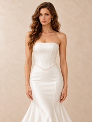 White Strapless Pearl-Trim Satin Mermaid Wedding Dress with Sweep Train