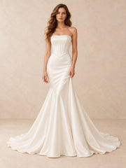 White Strapless Pearl-Trim Satin Mermaid Wedding Dress with Sweep Train