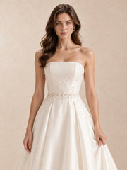 White Strapless Satin A-Line Wedding Dress with Pearl-Embellished
