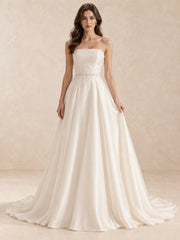 White Strapless Satin A-Line Wedding Dress with Pearl-Embellished