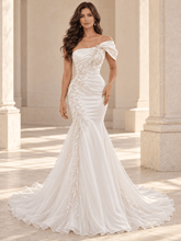 White Strapless Satin Floral Lace Appliqués Wedding Dress