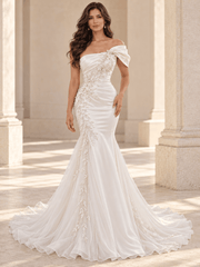 White Strapless Satin Floral Lace Appliqués Wedding Dress