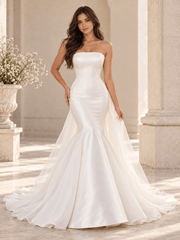 White Strapless Satin Mermaid Wedding Dress with Sheer Organza Overskirt