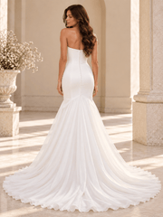 White Strapless Satin Mermaid Wedding Dress with Sheer Organza Overskirt