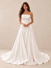 White Strapless Satin Wedding Dress with Draped Overskirt and Pearl Beading