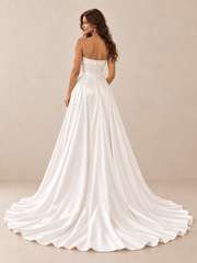 White Strapless Satin Wedding Dress with Draped Overskirt and Pearl Beading