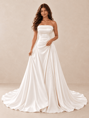 White Strapless Satin Wedding Dress with Draped Overskirt and Pearl Beading