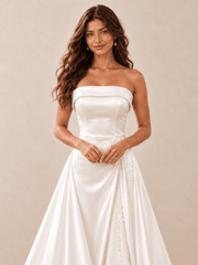 White Strapless Satin Wedding Dress with Draped Overskirt and Pearl Beading