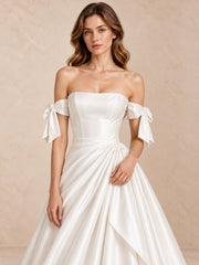 White Strapless Satin Wedding Dress with Off-the-Shoulder Bow Sleeves