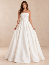 White Strapless Sculpted Satin Wedding Dress with Pleated Skirt