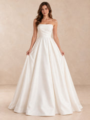 White Strapless Sculpted Satin Wedding Dress with Pleated Skirt