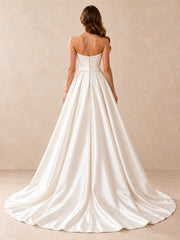 White Strapless Sweetheart Satin Wedding Dress with Pearl Details