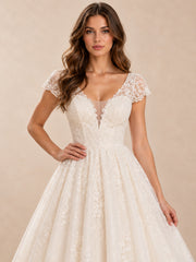 White V-Neck Lace Tea-Length Wedding Dress with Cap Sleeves