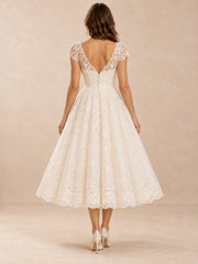 White V-Neck Lace Tea-Length Wedding Dress with Cap Sleeves