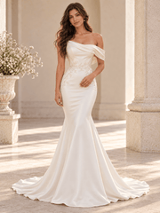 White Satin Mermaid Wedding Dress with Asymmetric Draped Off-Shoulder Neckline