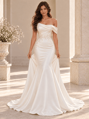 White Satin Mermaid Wedding Dress with Asymmetric Draped Off-Shoulder Neckline