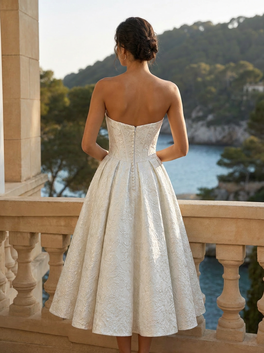 Chic Jacquard Corset Basque Waist A-Line Tea-Length Wedding Dress