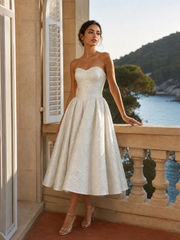Chic Jacquard Corset Basque Waist A-Line Tea-Length Wedding Dress