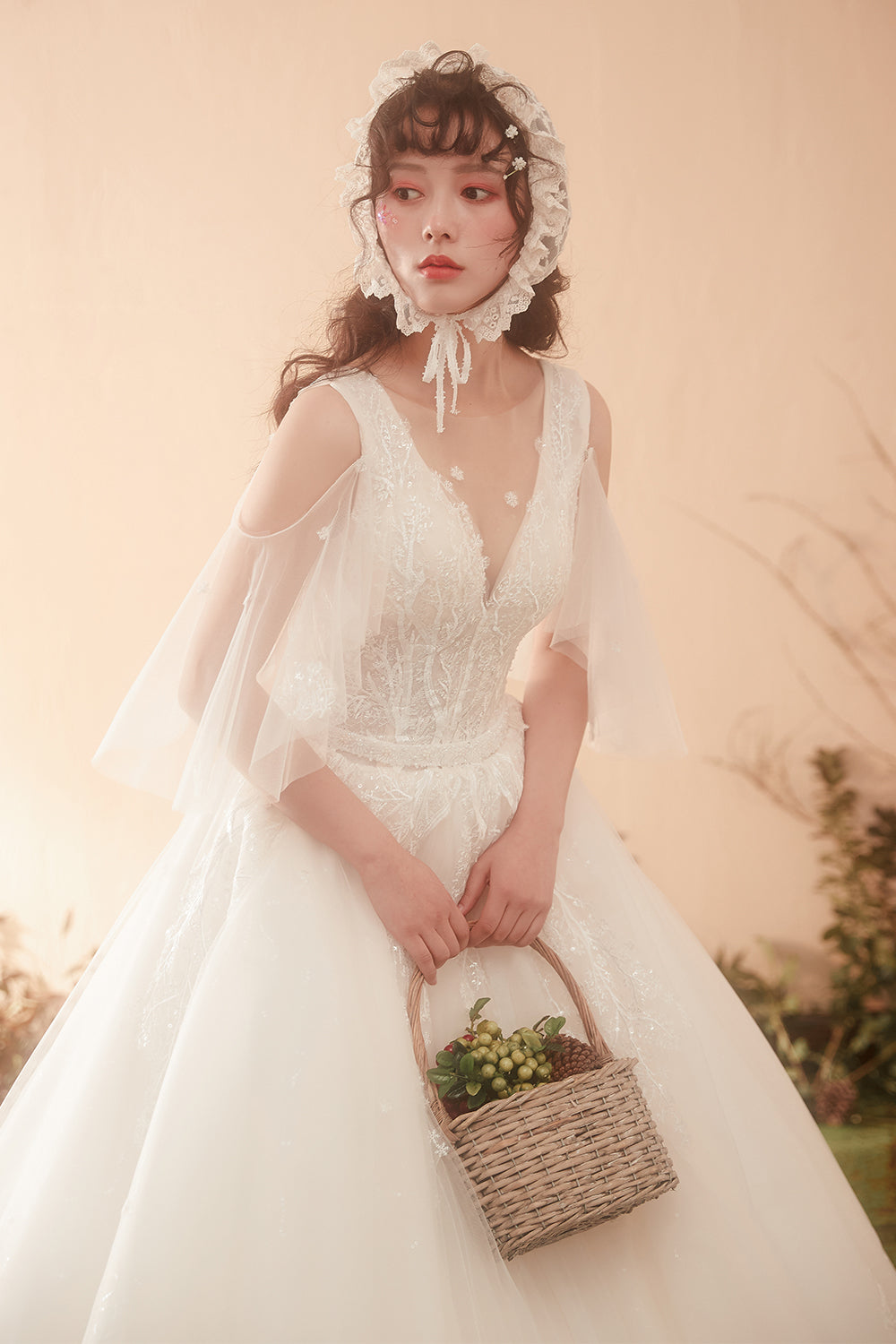Enchanting Romantic Vintage Lace Bridal Gown with Sheer Flutter Sleeves
