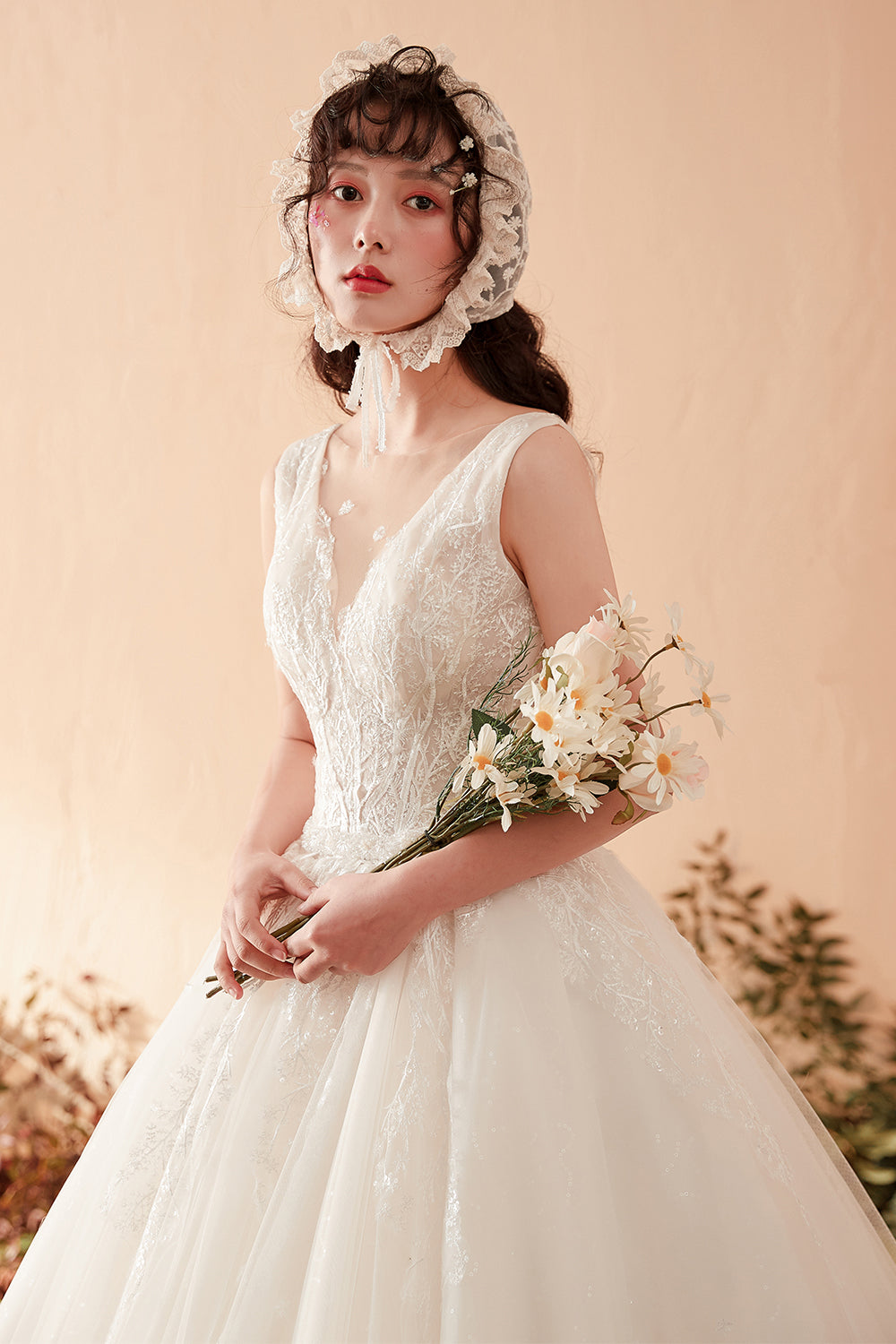 Enchanting Romantic Vintage Lace Bridal Gown with Sheer Flutter Sleeves