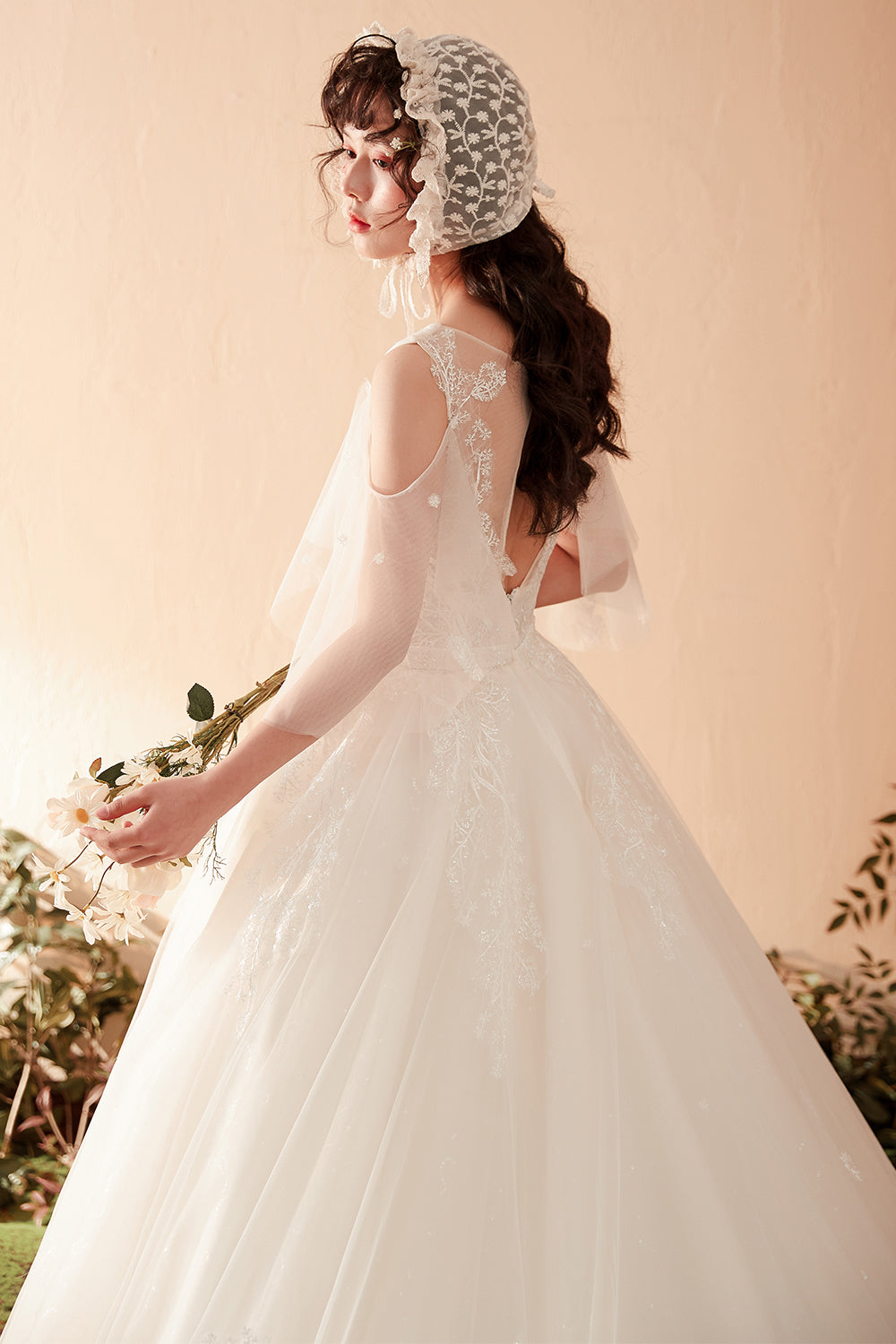 Enchanting Romantic Vintage Lace Bridal Gown with Sheer Flutter Sleeves