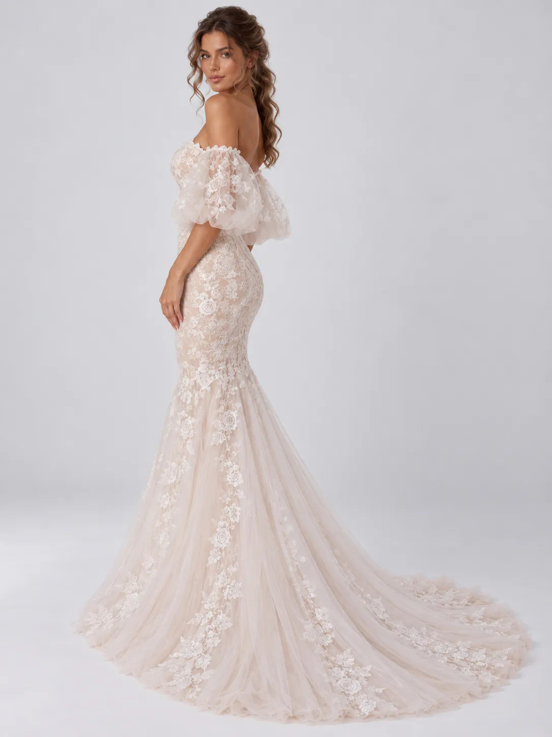 Ivory Lace Mermaid Wedding Dress with Off The Shoulder Puff Sleeves