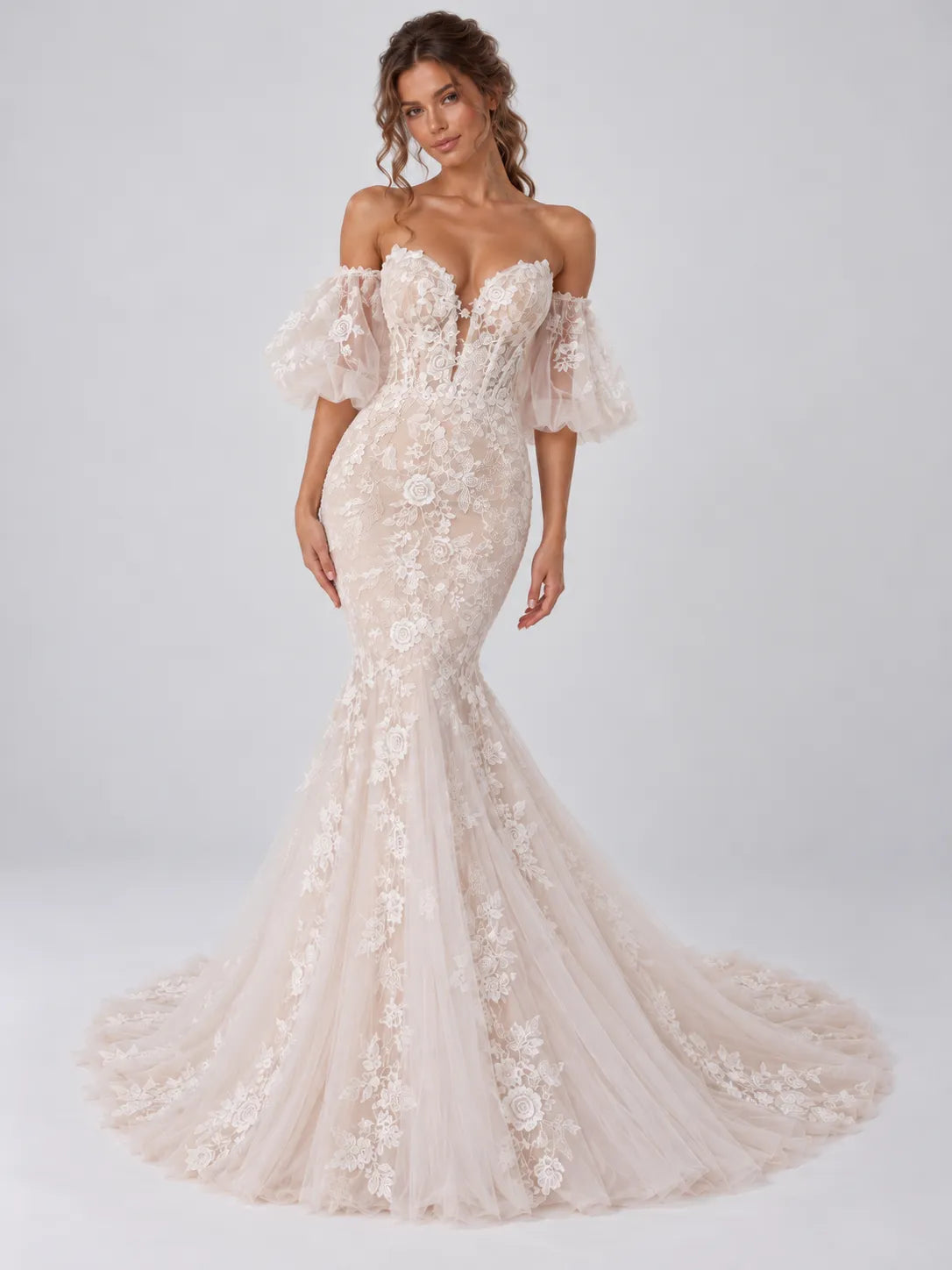 Ivory Lace Mermaid Wedding Dress with Off The Shoulder Puff Sleeves