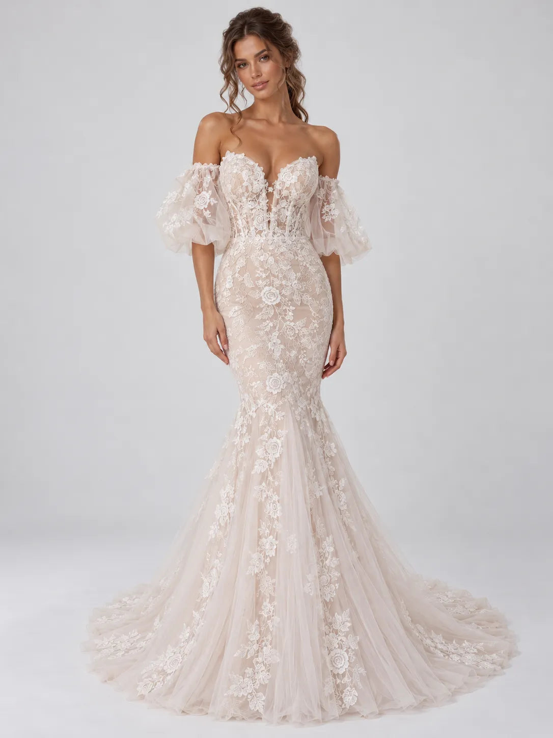 Ivory Lace Mermaid Wedding Dress with Off The Shoulder Puff Sleeves