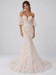 Ivory Lace Mermaid Wedding Dress with Off The Shoulder Puff Sleeves