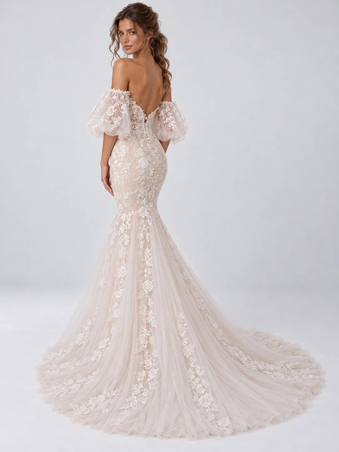 Ivory Lace Mermaid Wedding Dress with Off The Shoulder Puff Sleeves