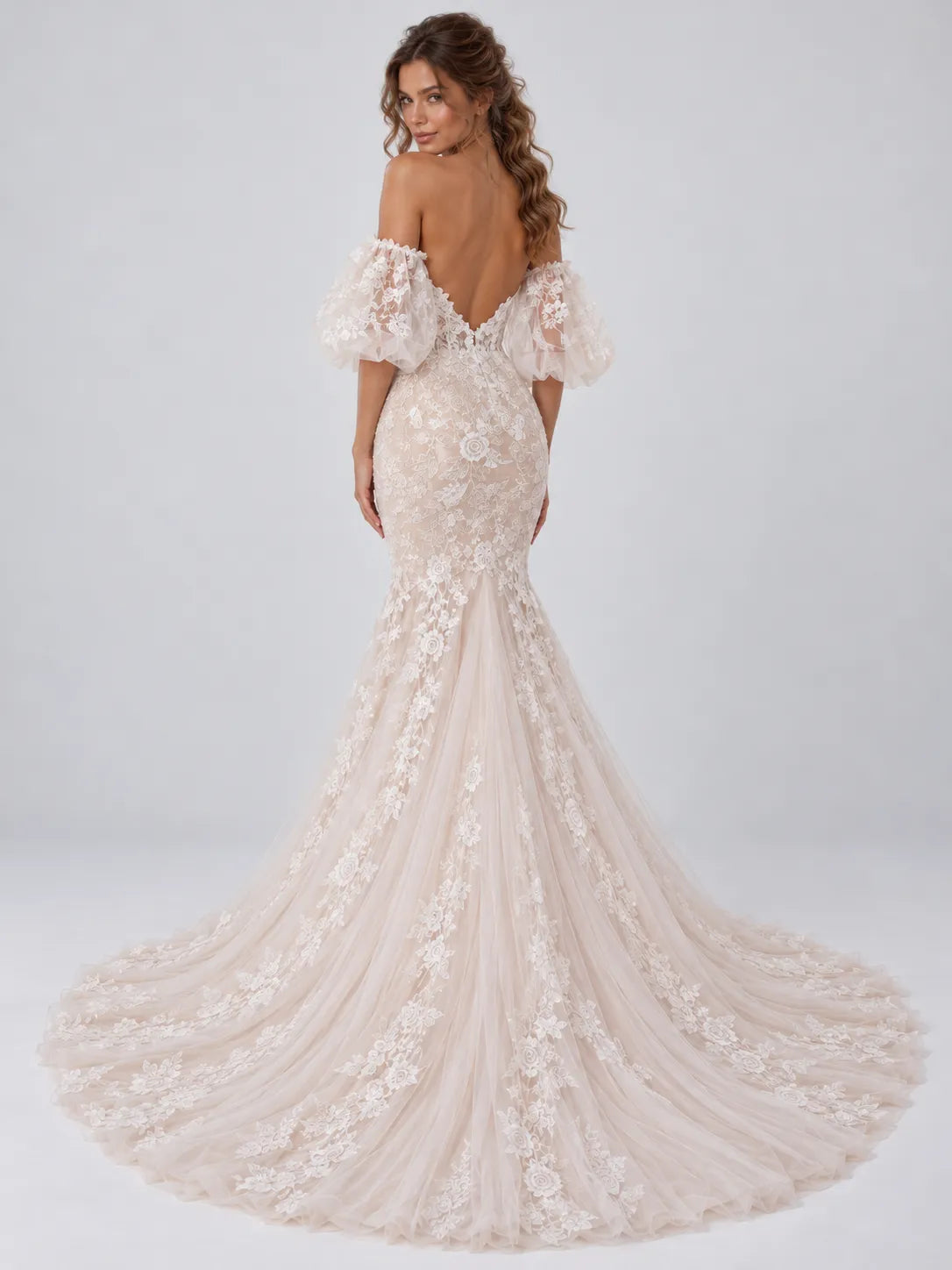 Ivory Lace Mermaid Wedding Dress with Off The Shoulder Puff Sleeves