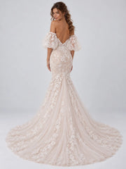Ivory Lace Mermaid Wedding Dress with Off The Shoulder Puff Sleeves