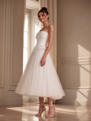 Chic Beaded Corset Basque Waist A-Line Tea-Length Bridal Dress