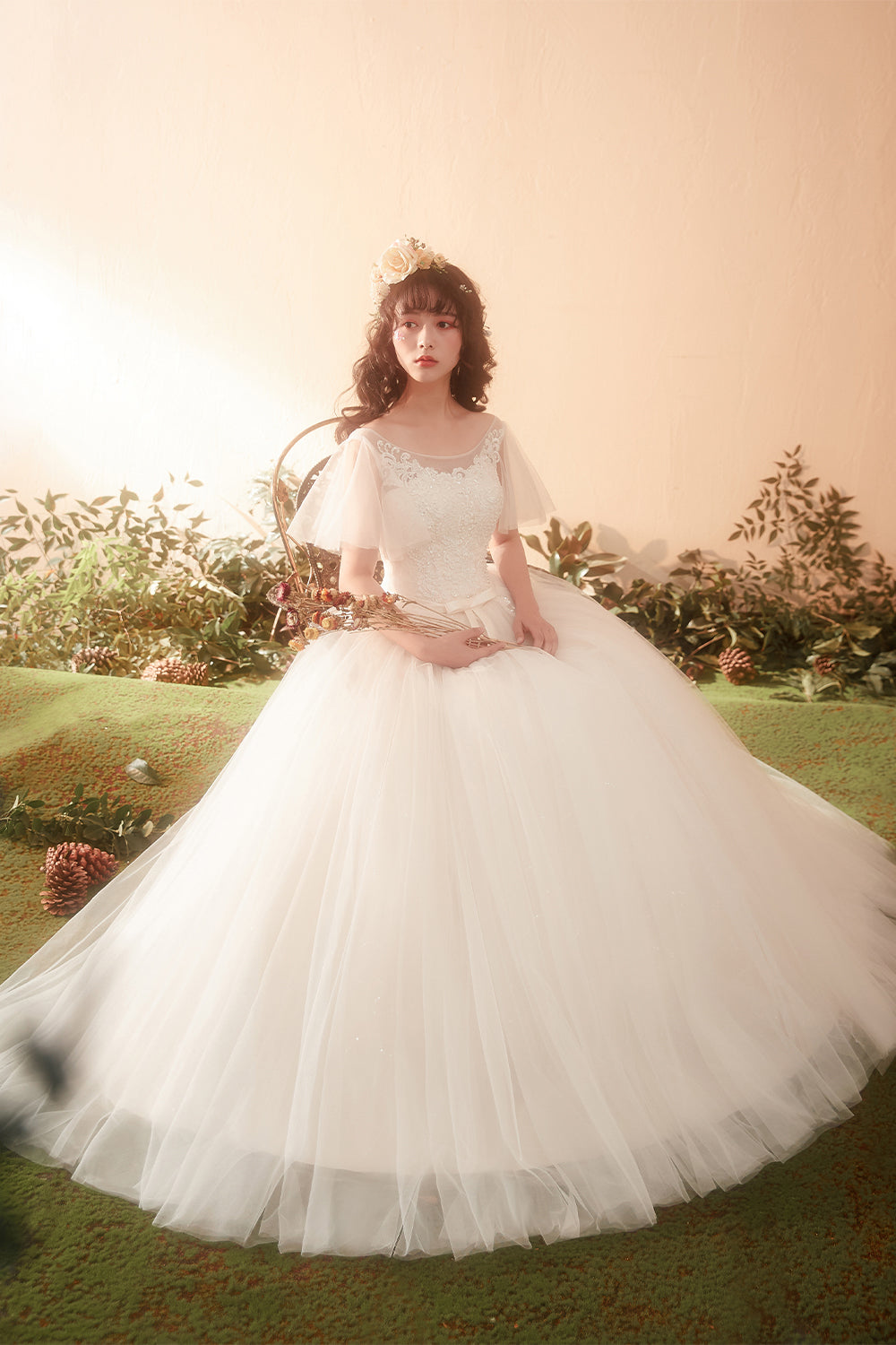 A Line Short Sleeve Lace Tulle Wedding Dress