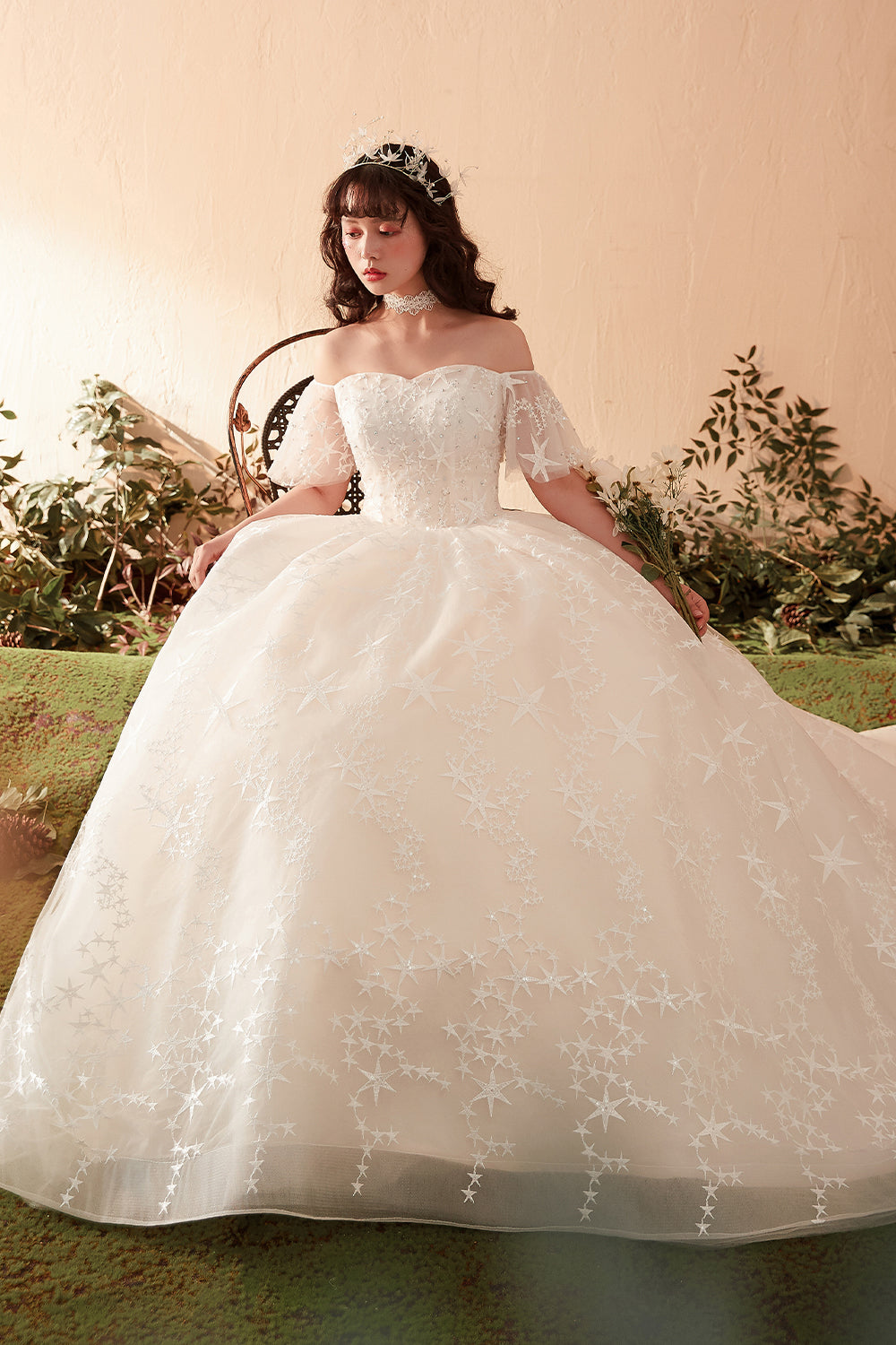 A Line Short Sleeve Lace Tulle Wedding Dress