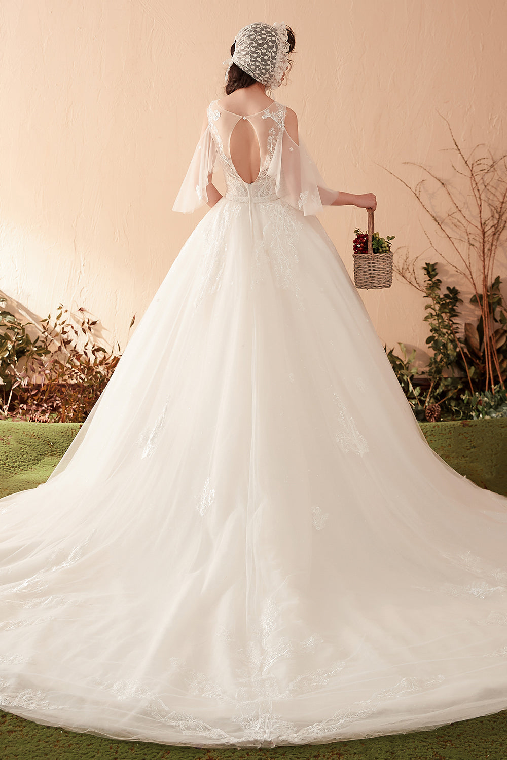 Enchanting Romantic Vintage Lace Bridal Gown with Sheer Flutter Sleeves