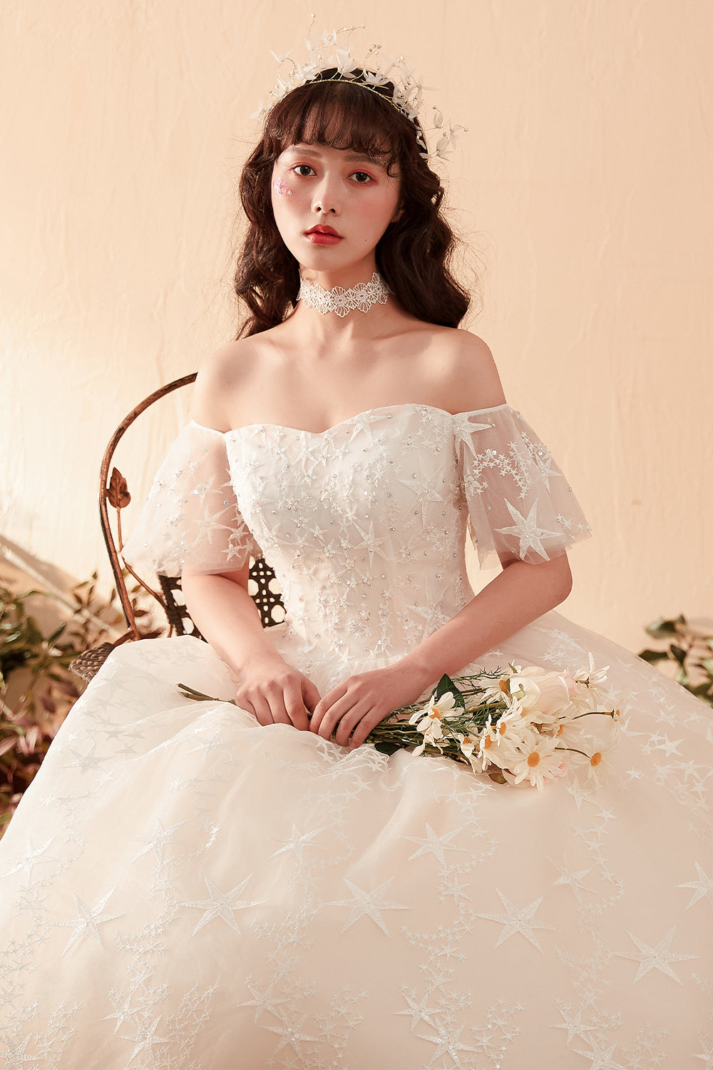 A Line Short Sleeve Lace Tulle Wedding Dress