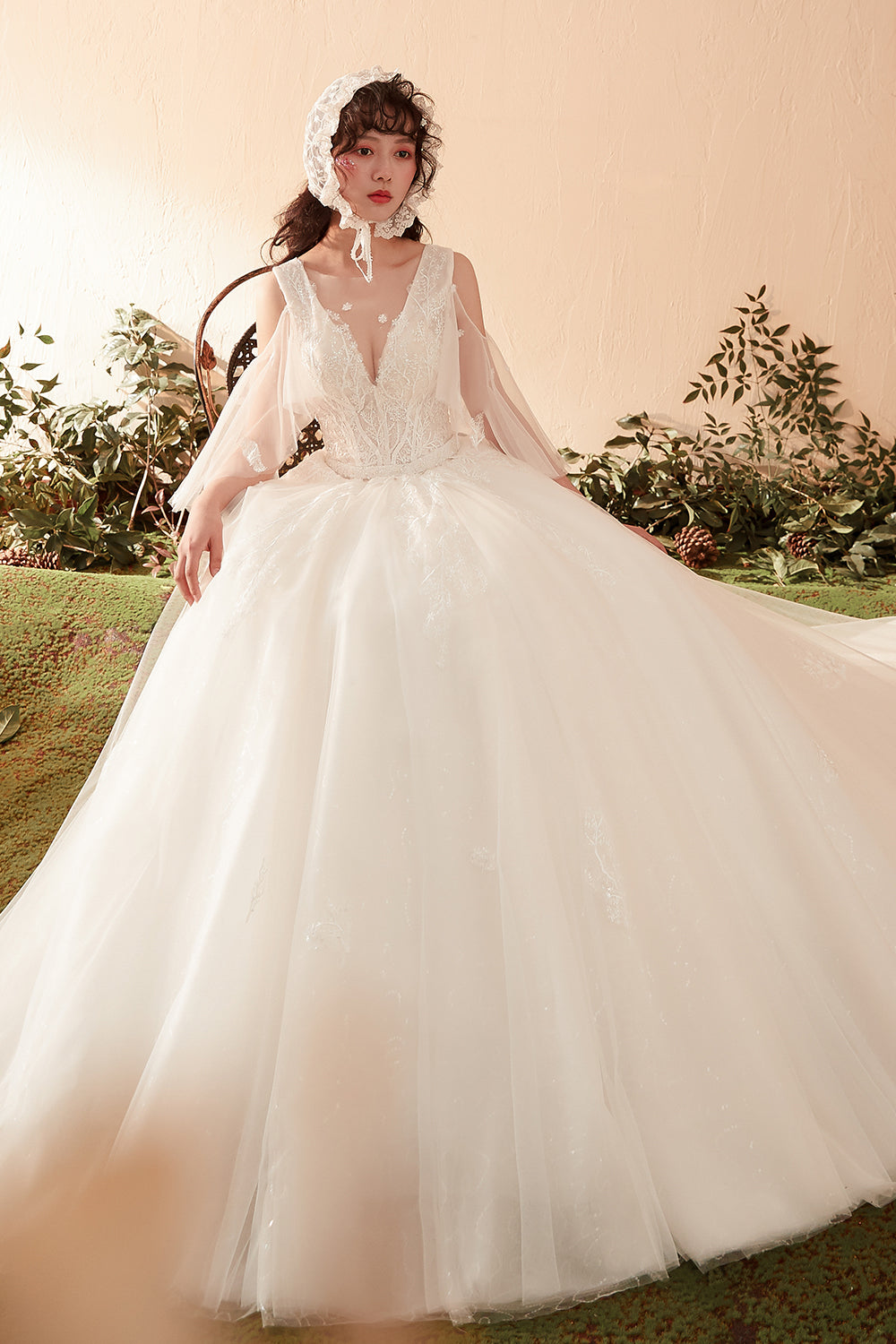 Enchanting Romantic Vintage Lace Bridal Gown with Sheer Flutter Sleeves