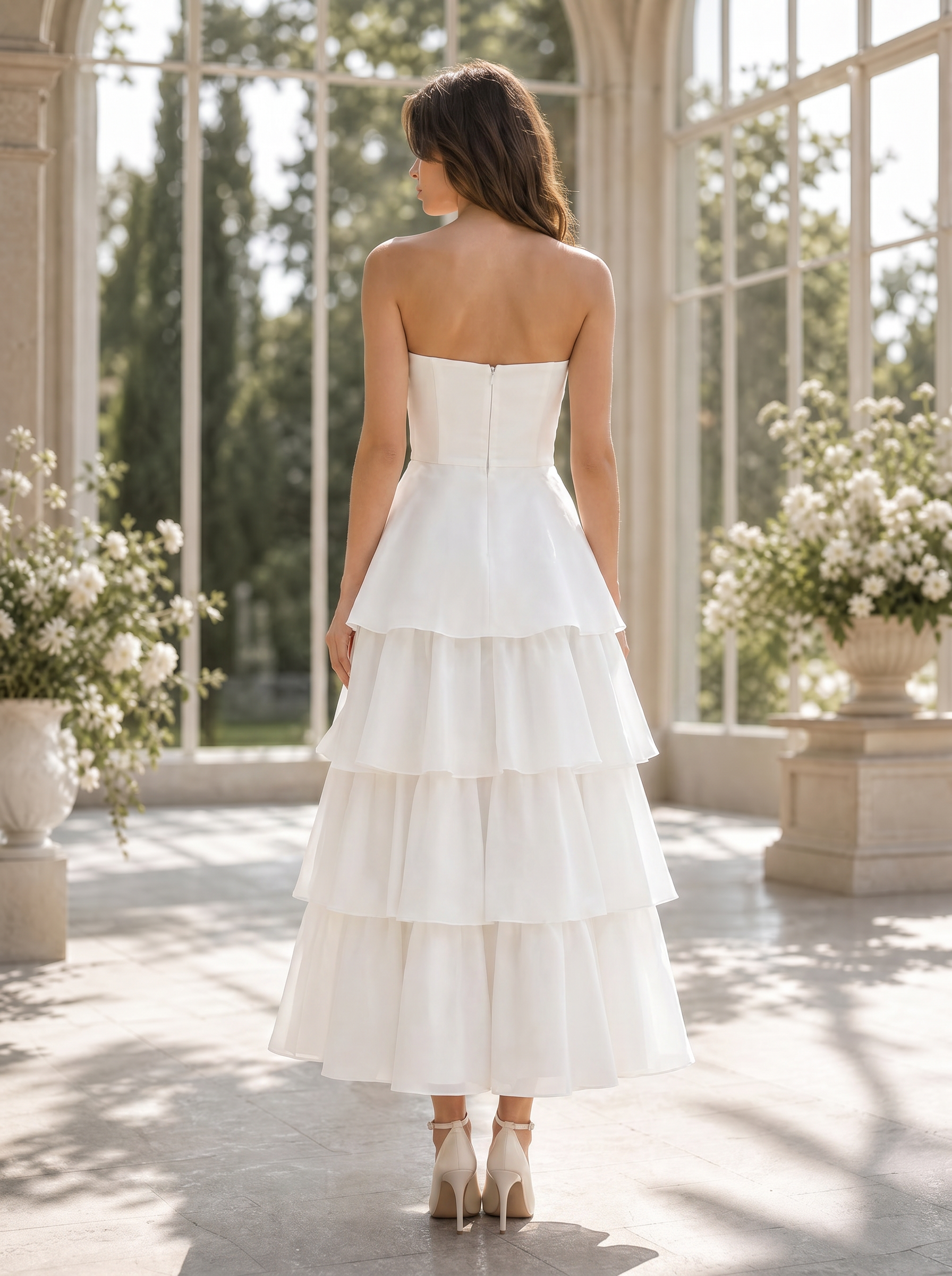 Chic Strapless 3D Rose Tiered A-Line Tea-Length Wedding Dress
