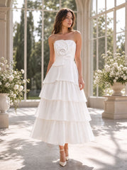 Chic Strapless 3D Rose Tiered A-Line Tea-Length Wedding Dress