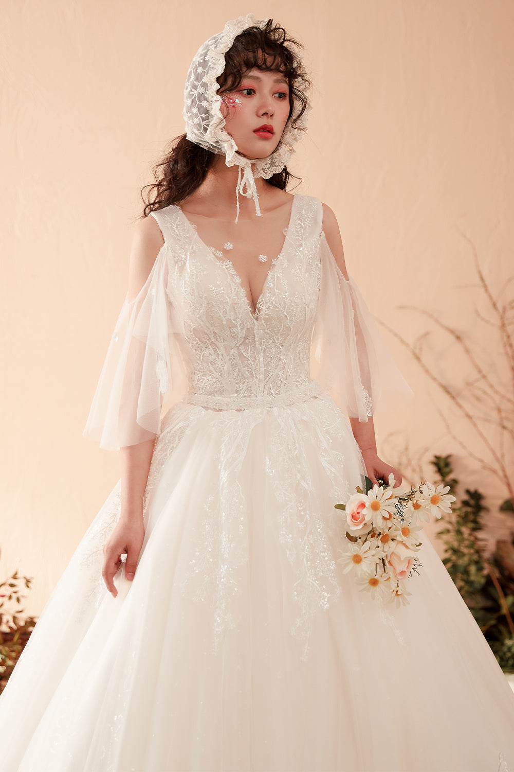 Enchanting Romantic Vintage Lace Bridal Gown with Sheer Flutter Sleeves