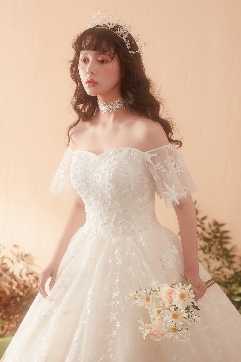 A Line Short Sleeve Lace Tulle Wedding Dress