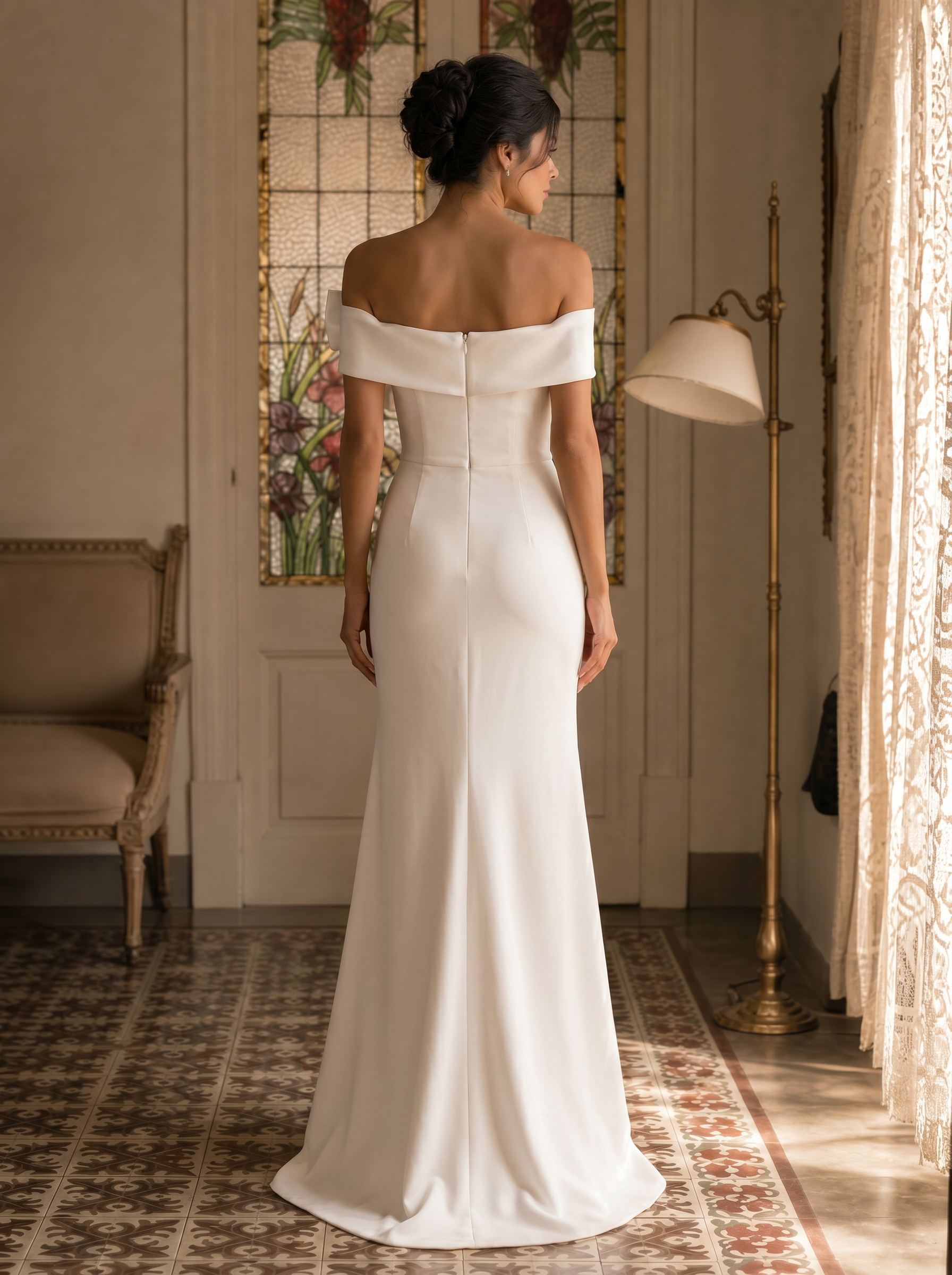 Chic Off-the-Shoulder Crepe Mermaid Wedding Dress with Bow and Slit