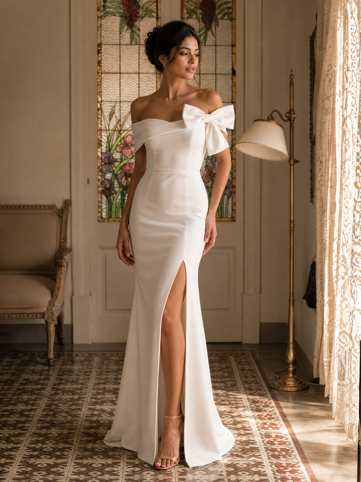 Chic Off-the-Shoulder Crepe Mermaid Wedding Dress with Bow and Slit