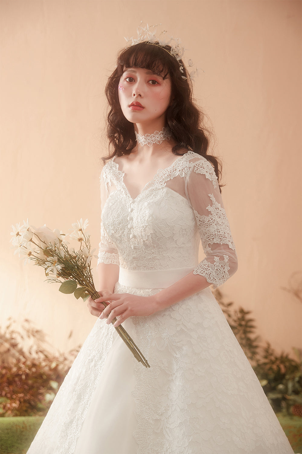 Graceful Lace Overlay A-Line Wedding Dress with 3/4 Sleeves