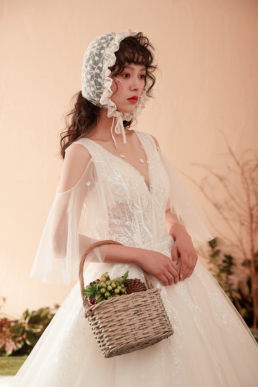Enchanting Romantic Vintage Lace Bridal Gown with Sheer Flutter Sleeves