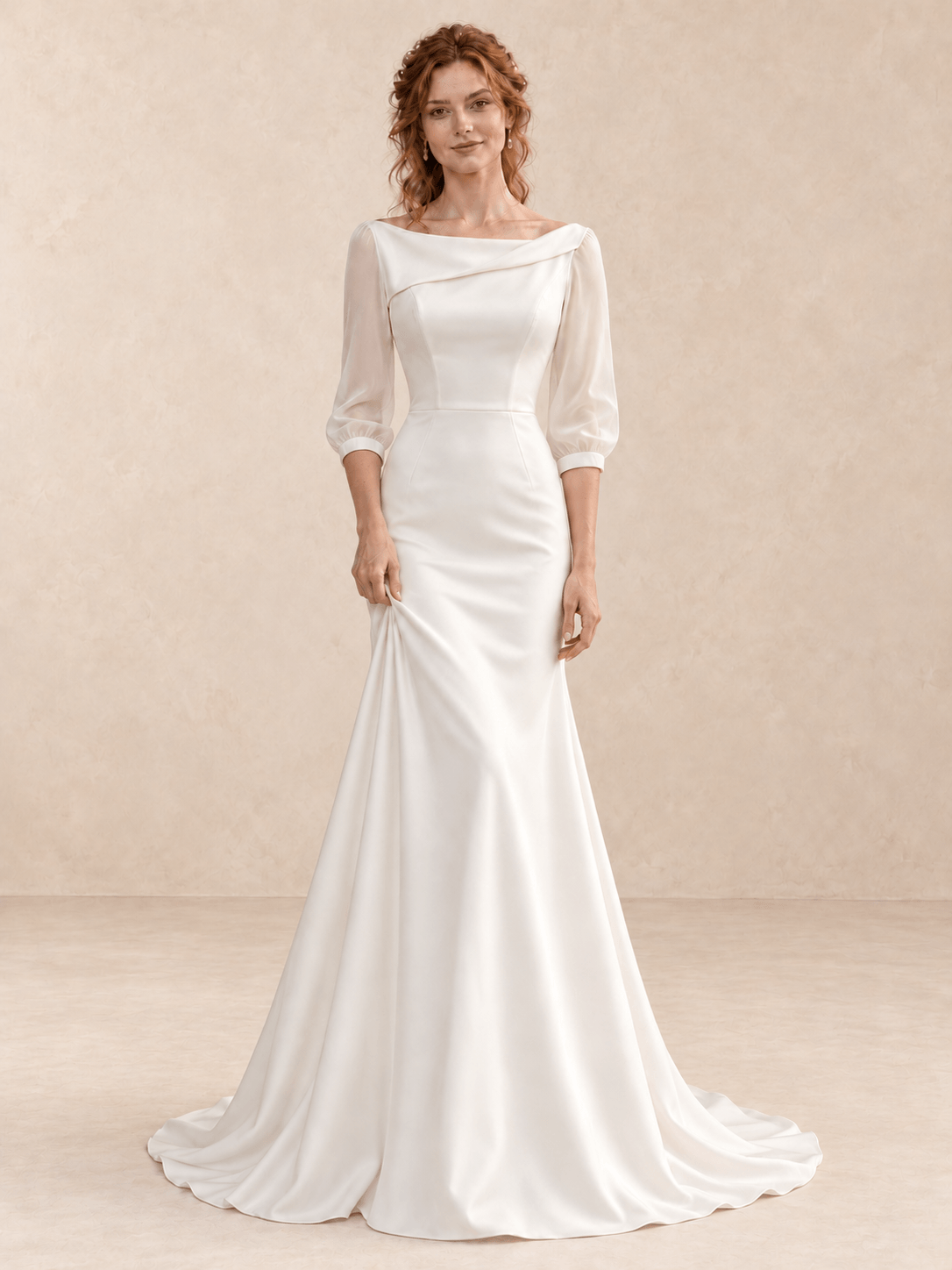 Asymmetric Bateau Neck Satin Mermaid Wedding Dress with Sheer 3/4 Sleeves