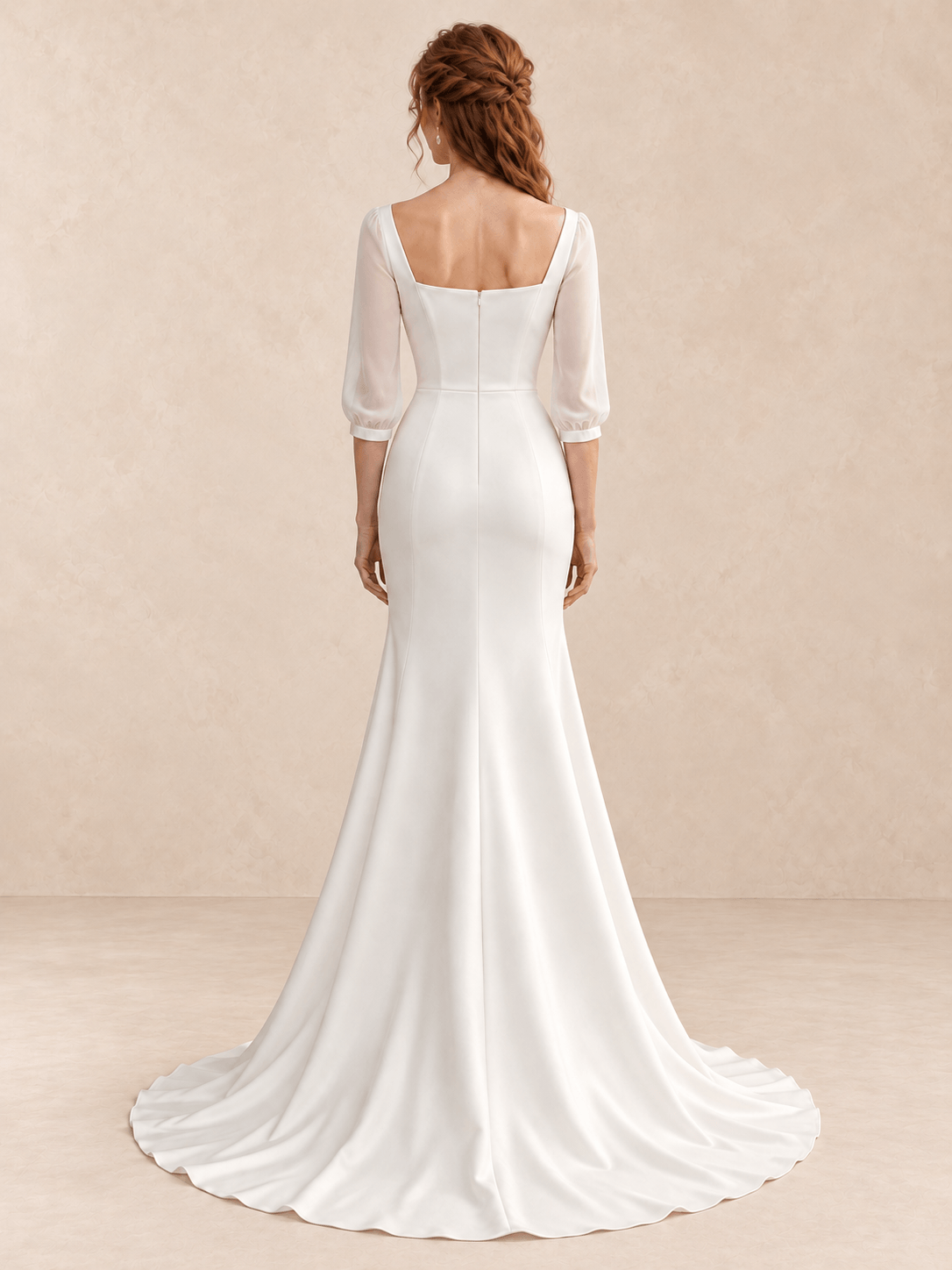 Asymmetric Bateau Neck Satin Mermaid Wedding Dress with Sheer 3/4 Sleeves