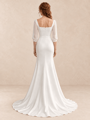 Asymmetric Bateau Neck Satin Mermaid Wedding Dress with Sheer 3/4 Sleeves