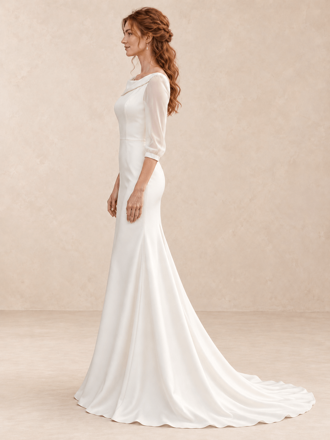Asymmetric Bateau Neck Satin Mermaid Wedding Dress with Sheer 3/4 Sleeves